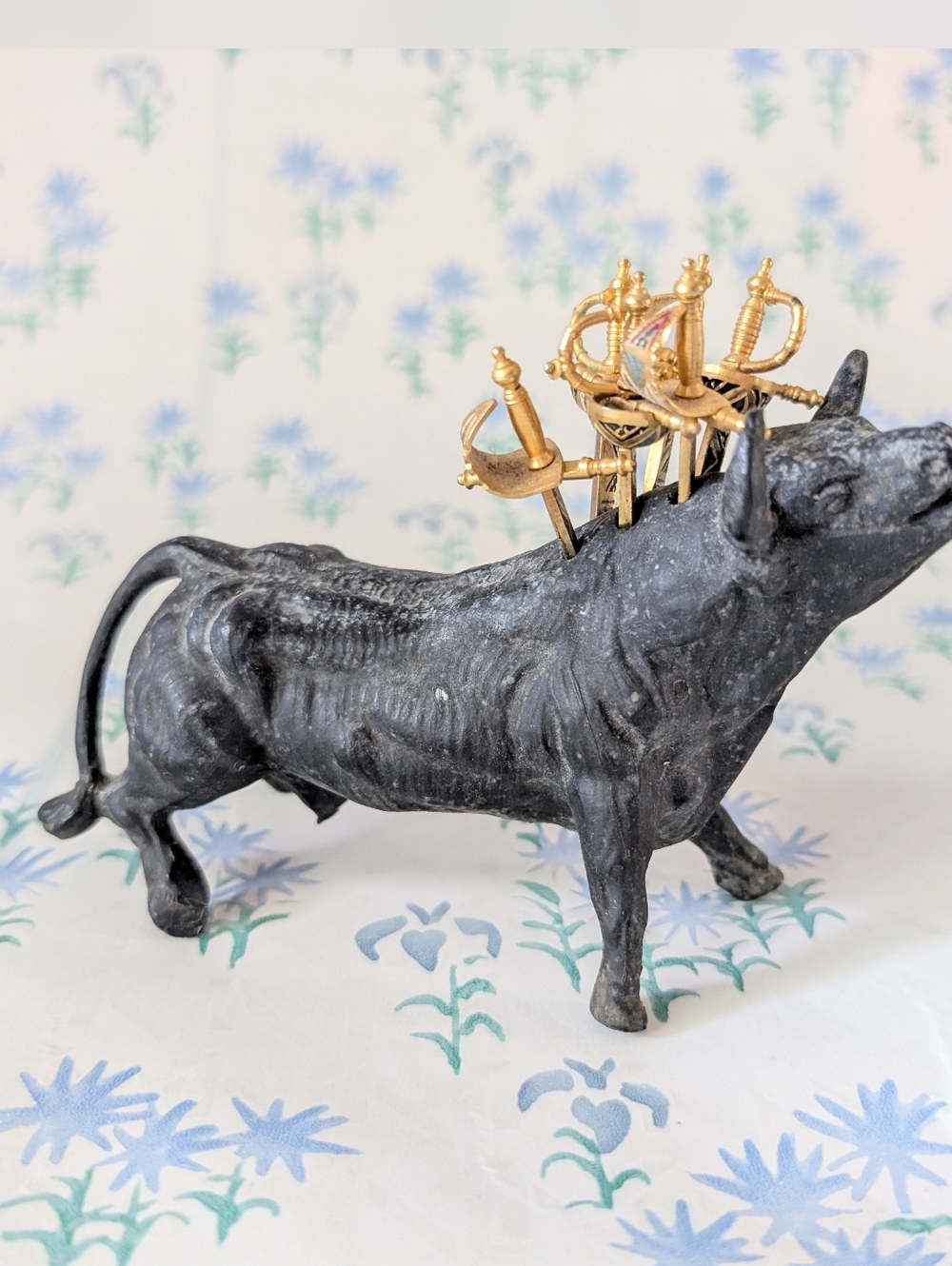 Vintage Toledo Cast Iron Bull and Sword Cocktail Picks Spain 60s MCM Barware